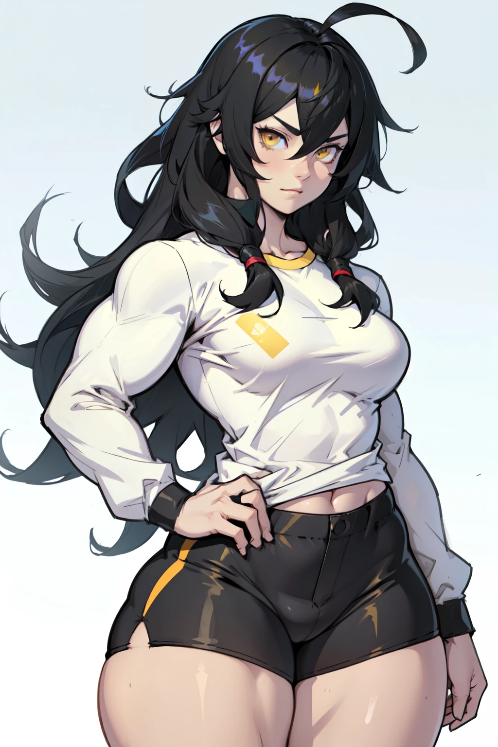 girl ((((muscular 1girl)))) ((((thick thighs toned body)))) (pale skin) black hair yellow eyes very long hair long sleeve tight t-shirt tight pants (ahoge straight hair)