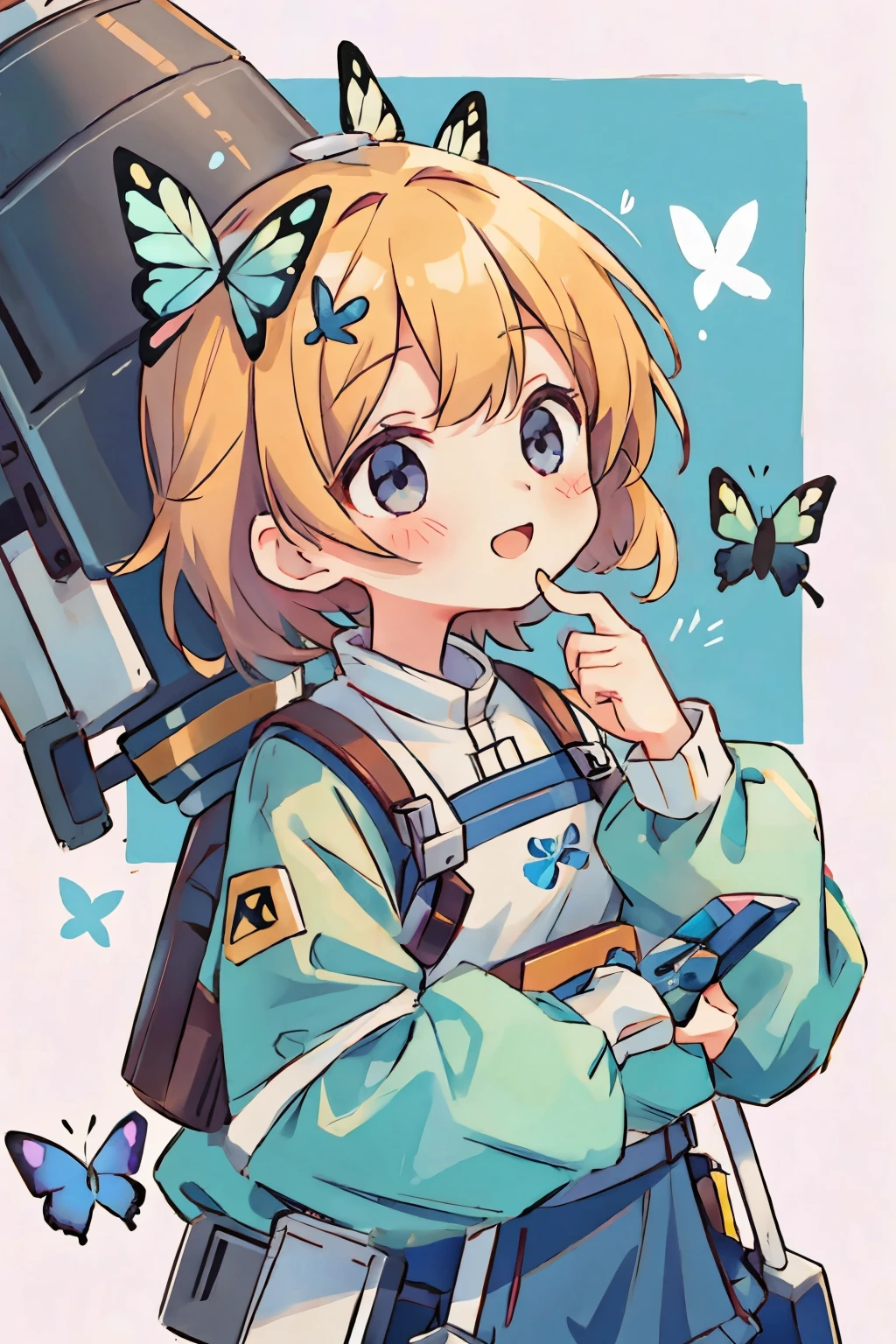 Girl and robot collaboration photo、comical、A butterfly lands on the robot's head、The girl who saw it laughed.