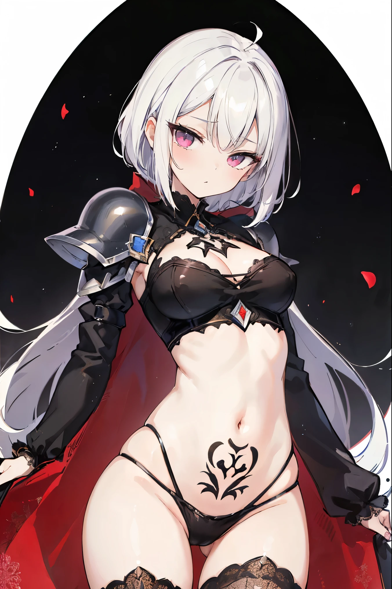 1girl, anime, cute girl, blank background, white background, fantasy, detailed fantasy dress with highlights, beautiful face, beautiful eyes, dark colors, black hair with multicolor streaks, red eye with different color pupil in eye, multicolor eye, medium breasts, slight cleavage, beautiful skin, cute, breast curtains, extremely delicate and beautiful, (beautiful detailed face:1.0), (detailed deep eyes), symmetrical breasts, deep eyes, shiny skin, portrait, slender waist, hips wider than shoulders, thighs, expressionless, young girl, luminous eyes, adorable,(Kpop idol),(aegyo sal:1),(Platinum blonde hair:1),((puffy eye)),Black panty,sexy posture,Superskirt, Ultra-high resolution,Black collar,slim figure, Abdominal y tattoo, womb tattoo,Tight-fitting leg ring,y tattoo on half-body,Bare skin, Armored hand,Hidden fingertips,Hand covered,Arm covered,Fist covered,{{beautiful detailed fingers}}, tufts of hair, moderate beautiful breast:1.0,(masterpiece:1.2), best quality, high-res, HDR, perfect face, intricate armor, delicate blue filigree, intricate filigree, red metalic parts, detailed part, dynamic pose, dynamic lights, cute face, neutral expression