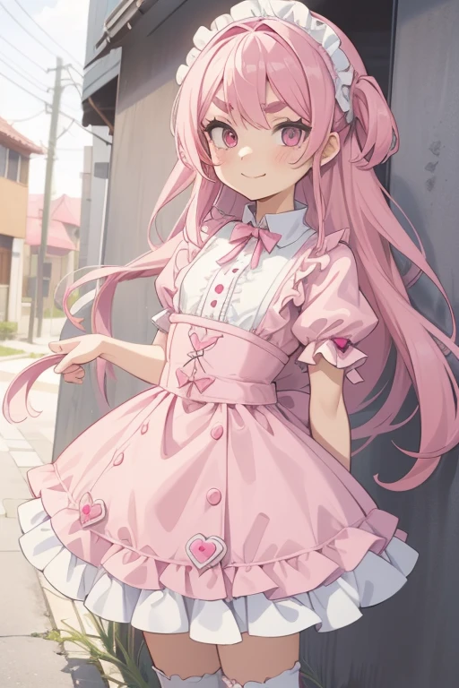 Girl with pink hair, long double-tailed hairstyle, ((small pink bushy eyebrows)), dressed in ta clothing, marked vagina, loli(Zankuro) drawing style by zankuro artist, Zancro style, image uploaded to R34, standing in a street smiling, touching old male crotch