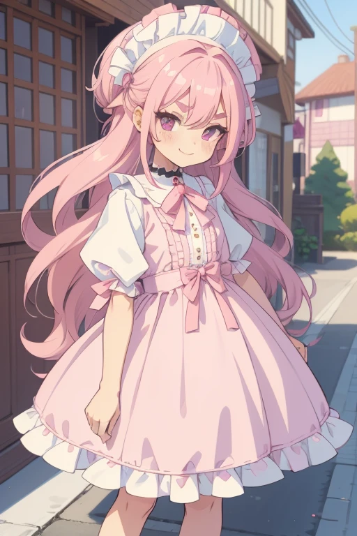 Girl with pink hair, long double-tailed hairstyle, ((small pink bushy eyebrows)), dressed in ta clothing, marked vagina, loli(Zankuro) drawing style by zankuro artist, Zancro style, image uploaded to R34, standing in a street smiling, touching old male crotch