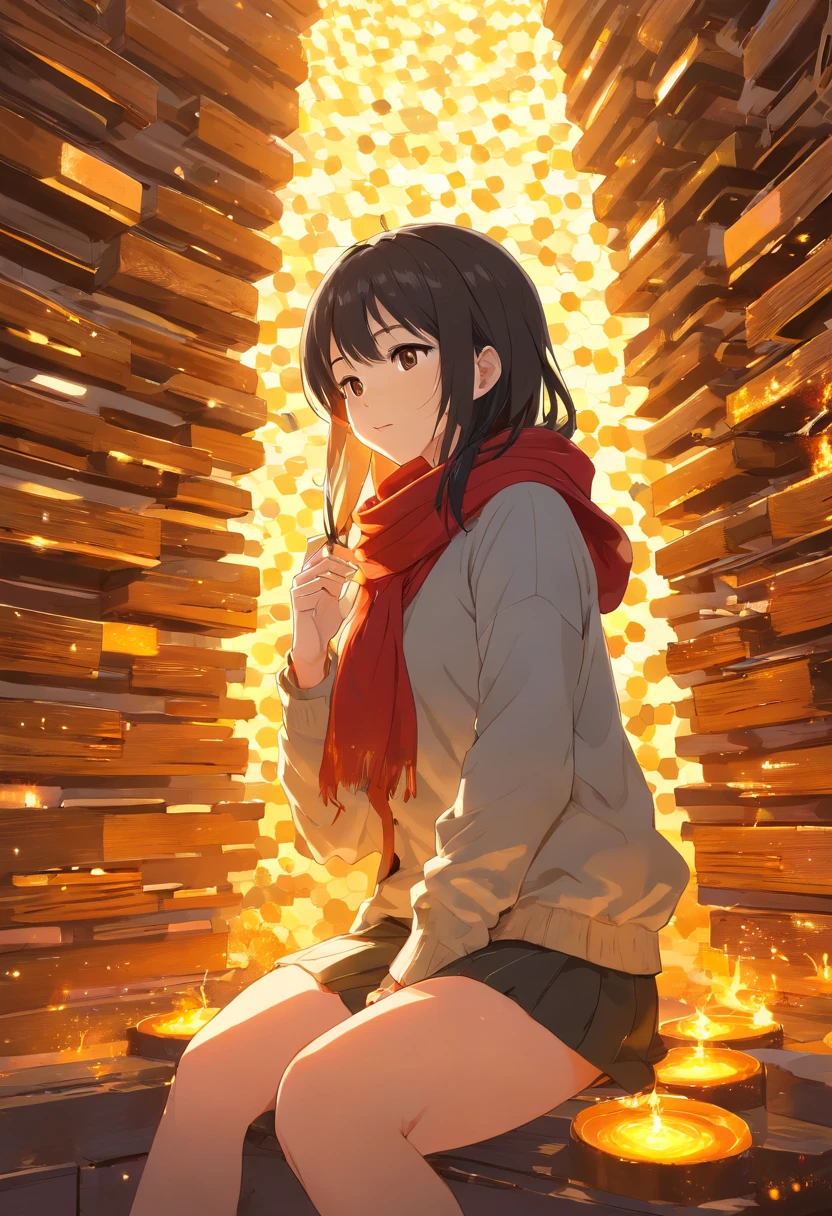 ((Inside a hive of Shining threads of wind and fire)) Is a girl with white and black mixed straight hair)) age girl, eyes closed. Hands clasped in prayer, wearing a red scarf grey cardigan. Long blsck stockings and brown steel tip construction boots