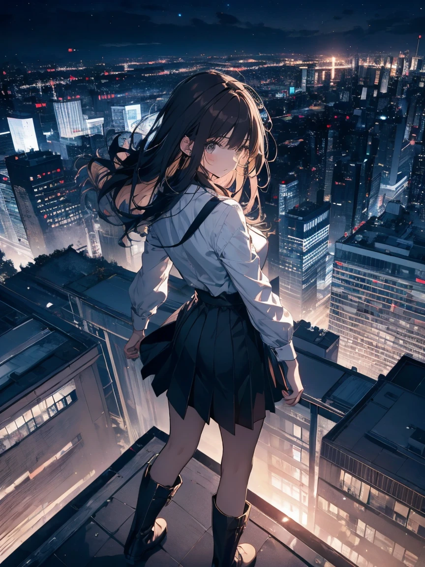 Brown Hair、night、building、rooftop、Overlooking the lower world,Black mini skirt,vision,Small face　bangs ,beauty,vision 、Black boots 、one person 、Dress shirt、holster　