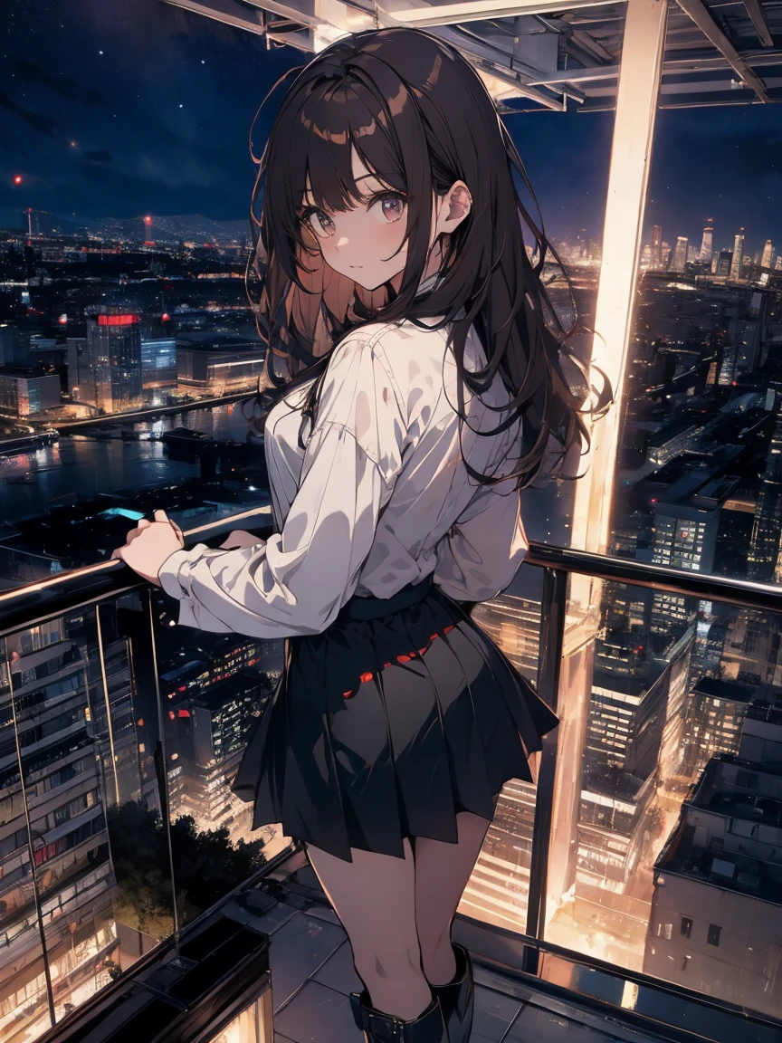 Brown Hair、night、building、rooftop、Overlooking the lower world,Black mini skirt,vision,Small face　bangs ,beauty,vision 、Black boots 、one person 、Dress shirt、holster　