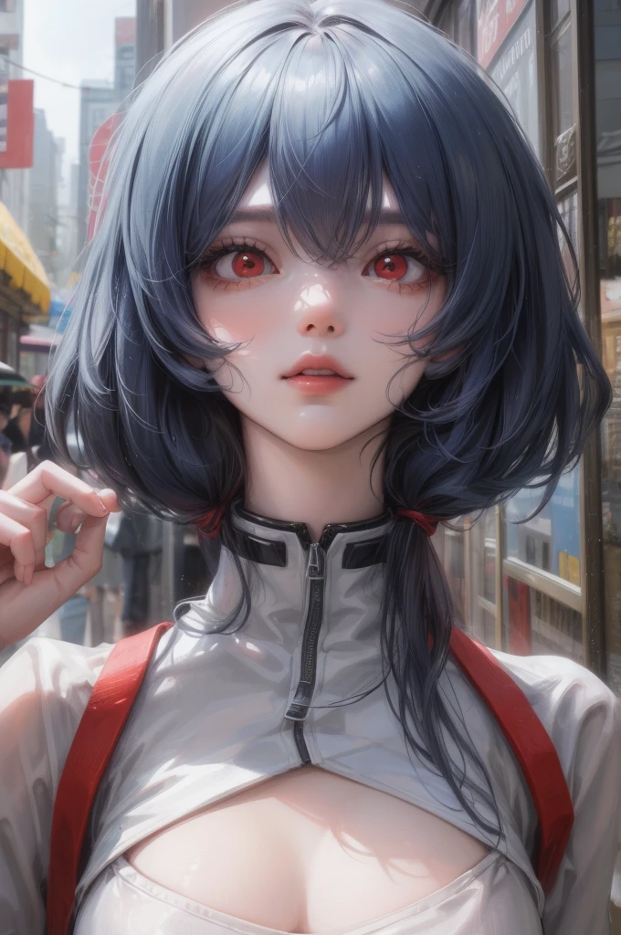 1 GIRL, reiayanami, rei ayanami, blue hair, short hair, (red eyes:1.5), ultra realistic, REALISTIC, Ultra detailed, More detailed, Japan city scenaries. Random scenaries japan, Casual Outfit, BREAK outdoors, city, BREAK looking at viewer, BREAK (masterpiece:1.2), best quality, high resolution, unity 8k wallpaper, Light particles passing through the photo, (illustration:0.8), (beautiful detailed eyes:1.6), extremely detailed face, perfect lighting, extremely detailed CG, (perfect hands, perfect anatomy),