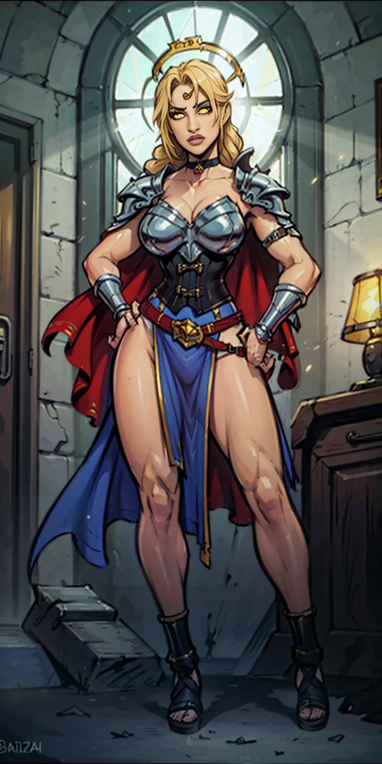 paladin lady in ornate golden armor, black collar, pauldrons, breastplate, corset, glowing halo, single braid, blonde, yellow glowing eyes, bright pupils, eye focus, red cape, temple indoors, stained glass windows, night, moonlight, particles, light beam, chromatic aberration, (full body, whole body. 1solo (girl). slave fighter, loincloth standing, hands on hips full body, whole body. 1solo (girl). slave fighter, loincloth standing, hands on hips, metal sandals, backpack, choker, big belt, view from below, feet together, bracers, tiara)
