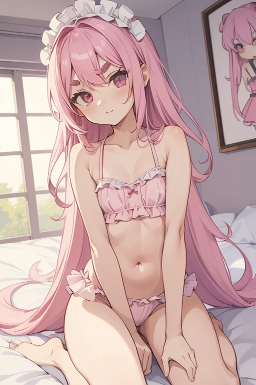 Girls with pink hair, long double-tailed hairstyle, ((small pink bushy eyebrows)), dressed in ta bikini, ), loli(Zankuro) drawing style by zankuro artist, Zancro style, image uploaded to R34, changing of clothes in a room, flirtatious look,not looking at the camera