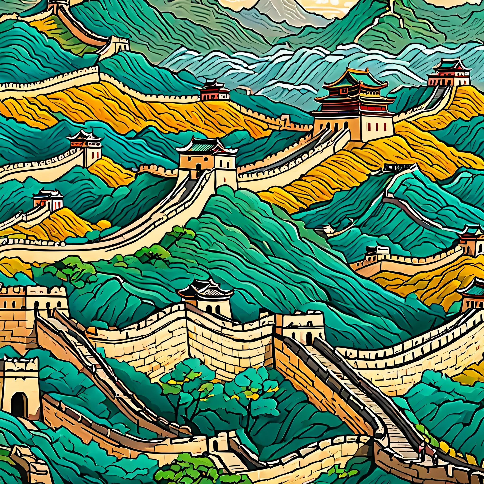 illustrations of historic ancient buildings such as the Great Wall of China with colored images
