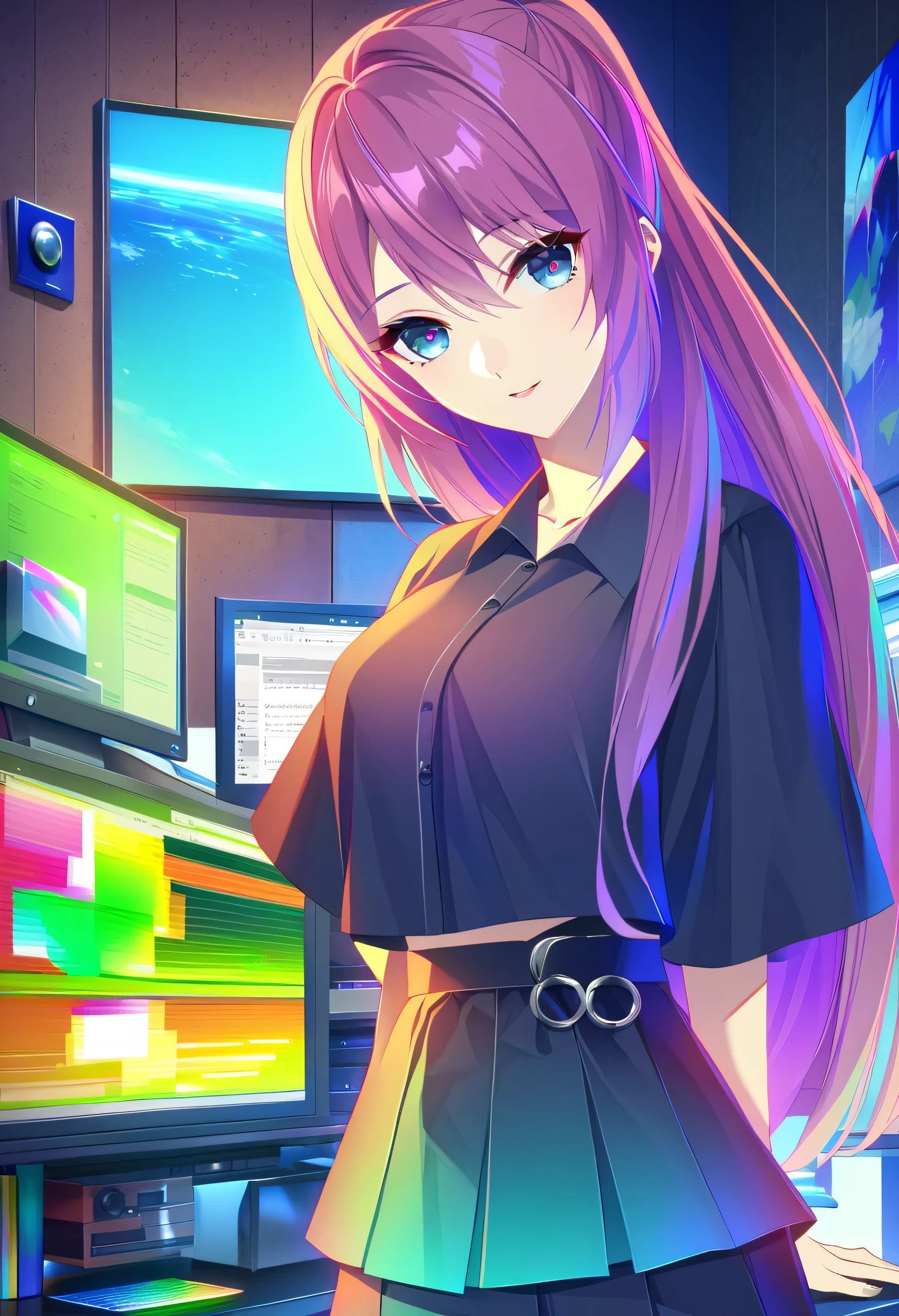masterpiece, best quality, high quality, highres, absurdres, 1girl, glitch art, (digital distortion):1.2, pixelated fragments, data corruption, colorful noise, visual chaos, contemporary aesthetics, lily (vocaloid), anime style digital art, anime style work, anime digital art, ultra hd anime wallpaper, anime styled digital art