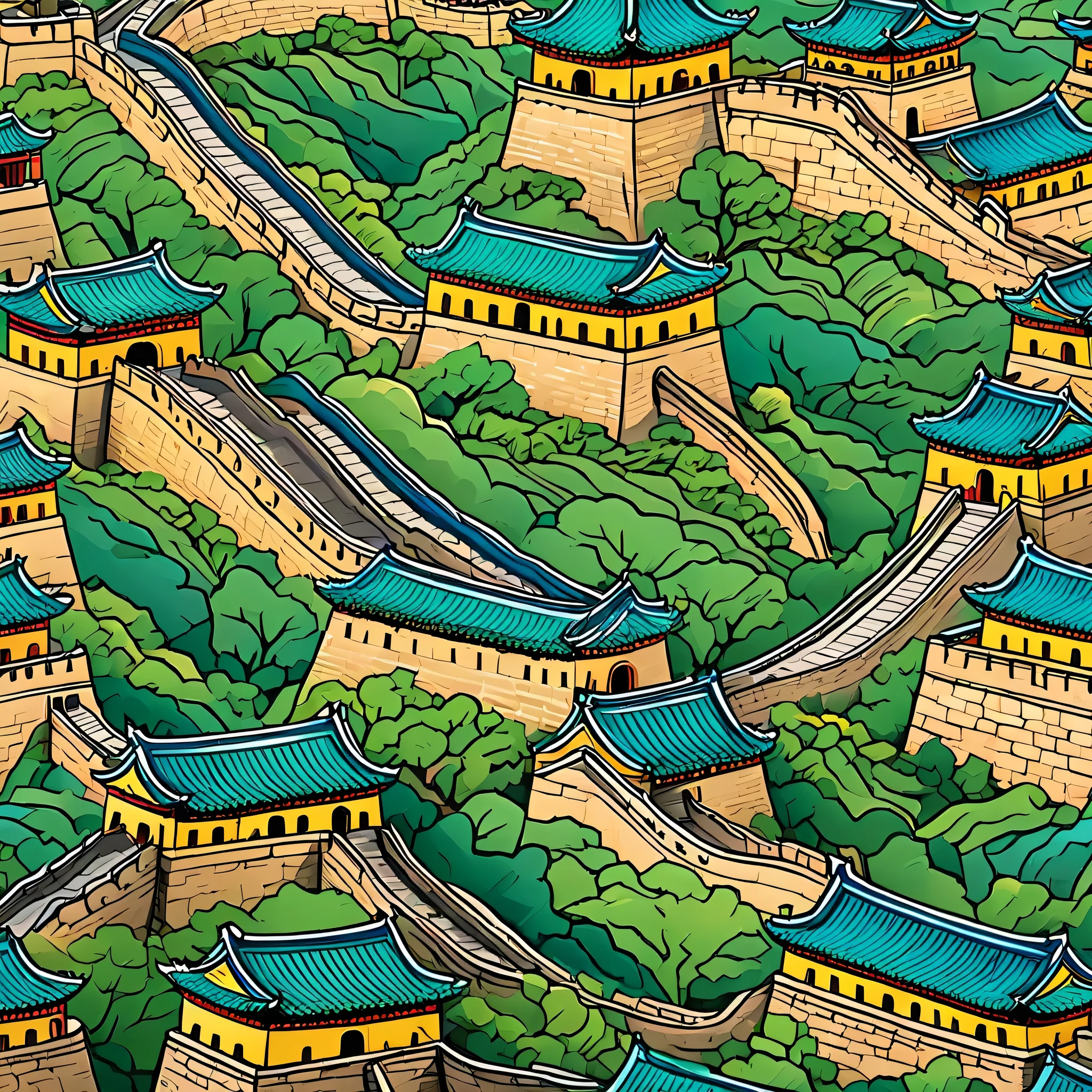 illustrations of historic ancient buildings such as the Great Wall of China with colored images