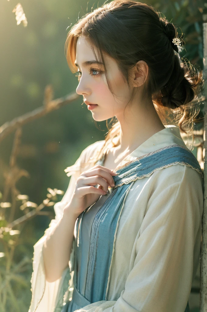 ( masterpiece, top quality, best quality,8k,17 years old girl,ultra detailed,raw photo:1.5),(photorealistic:1.4), (cinematic lighting), PerfectNwsjMajic, , Surrealism, UHD, ccurate, Super detail, textured skin, High detail, Best quality, dynamic angle, White skin,[Beautiful blue eyes], high nose,[flat chest:large breasts:0.5],(1girl),((good anatomy:0.5)), Dreamy atmosphere,expressive brush strokes, mystical ambiance, Artistic interpretation, Stunning Studio Ghibli style costumes, a whimsical illustration, Subtle colors and tones, mystical aura,