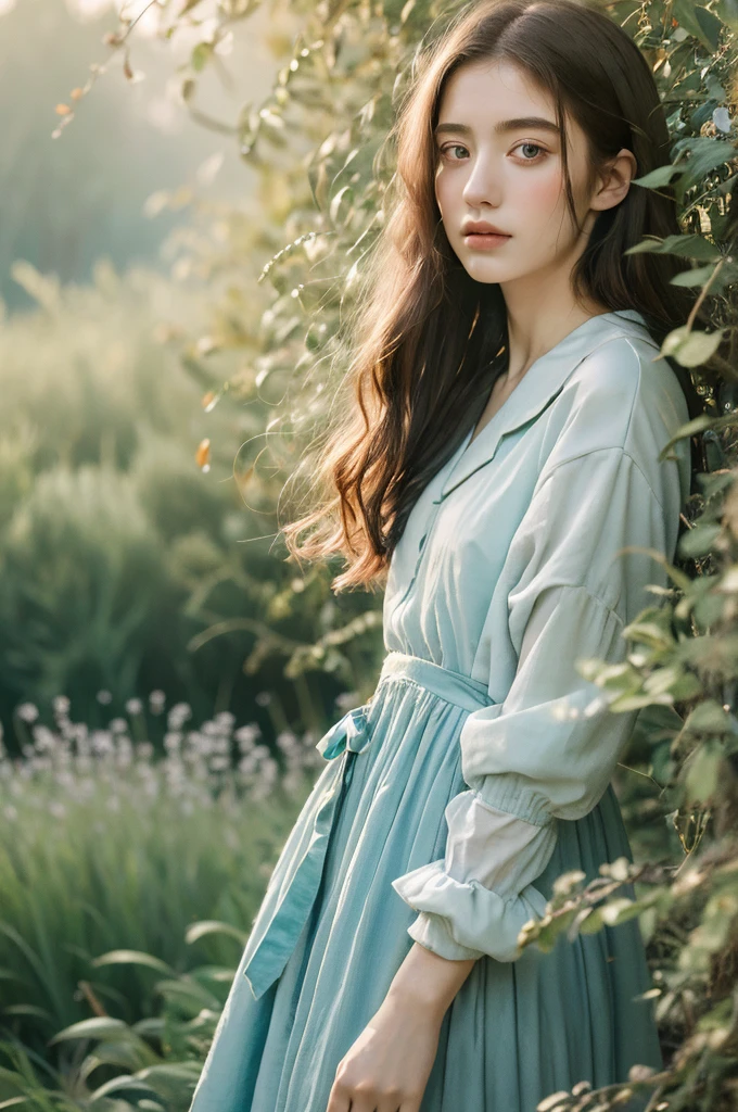 ( masterpiece, top quality, best quality,8k,17 years old girl,ultra detailed,raw photo:1.5),(photorealistic:1.4), (cinematic lighting), PerfectNwsjMajic, , Surrealism, UHD, ccurate, Super detail, textured skin, High detail, Best quality, dynamic angle, White skin,[Beautiful blue eyes], high nose,[flat chest:large breasts:0.5],(1girl),((good anatomy:0.5)), Dreamy atmosphere,expressive brush strokes, mystical ambiance, Artistic interpretation, Stunning Studio Ghibli style costumes, a whimsical illustration, Subtle colors and tones, mystical aura,