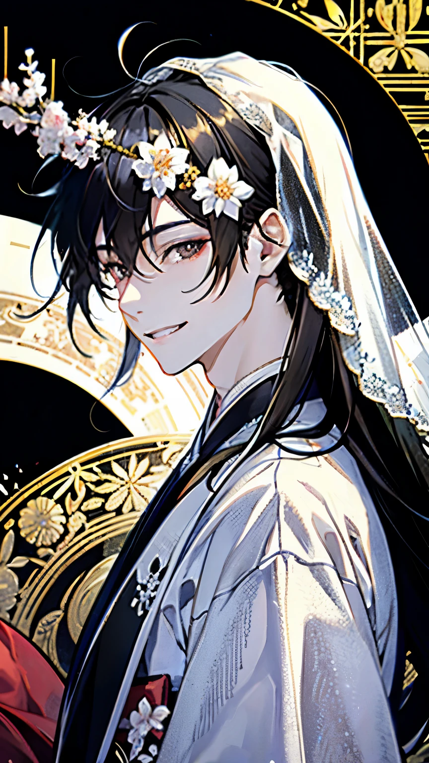 temple,White wedding kimono,Adult male,(Black Hair:1.3),(long hair:1.2),Fantasy art,The background is bright and dazzling,smile,wedding,(Reaching out here:1.25),Close-up of face