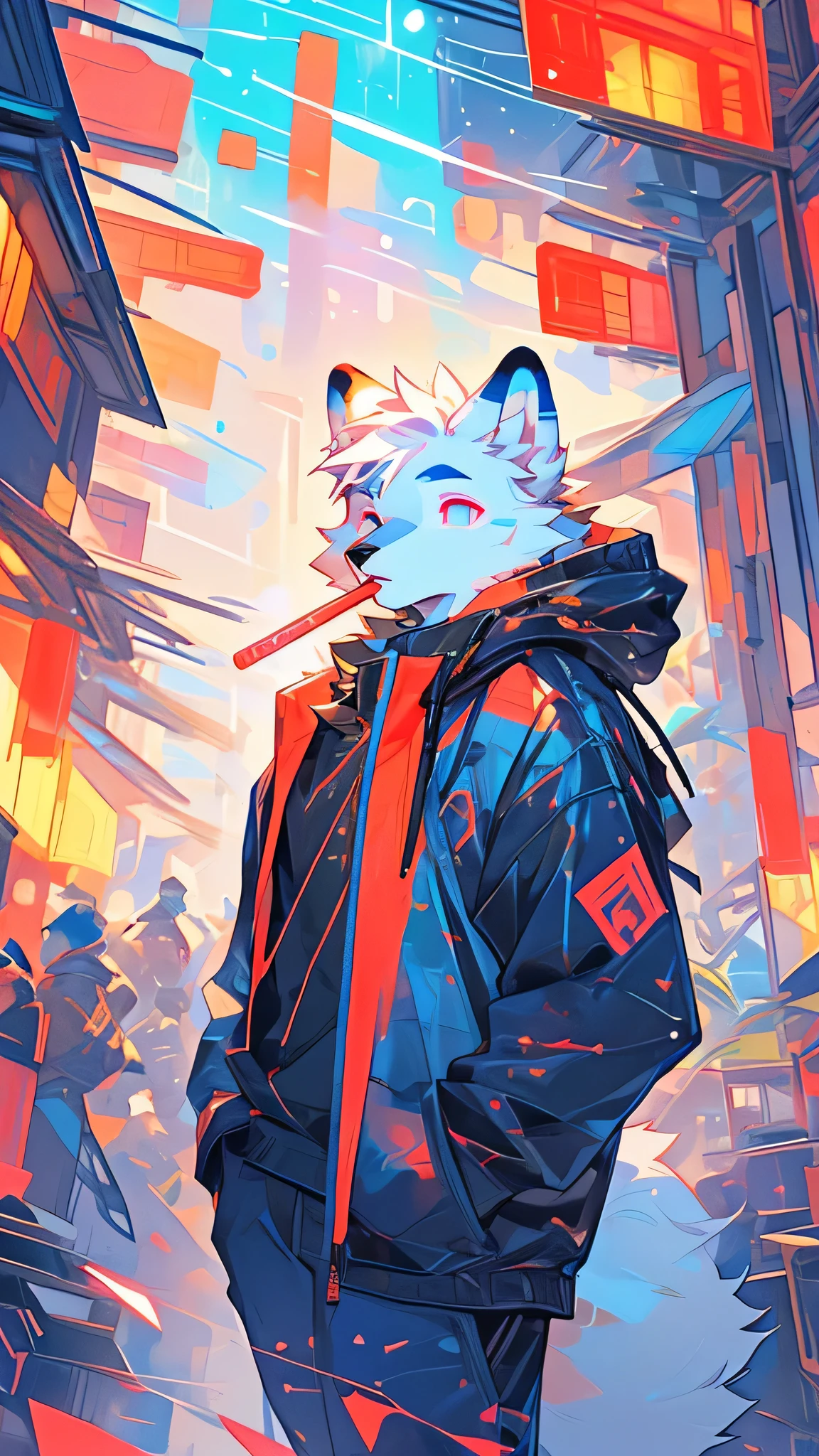 Red and gold tones,Arctic fox,Head to Body Ratio1:7,Open your eyes,Laser transparent sweatshirt,Dynamic picture of walking with a lollipop in mouth,Don't squint,Fu Rui,furry,Stained glass window style,Modern Chinese style cyberpunk urban background,Night,Neon lights flashing,Dynamics of people walking on the street,Take the sugar gourd,Red and blue contrasting colors,Laser transparent sweatshirt,Male: Fu Rui,Trendy clothing,The upper body has no other clothes except the laser transparent hooded sweatshirt,Thin body,Abs loom,Face clarity,Blue and pink heterochromatic pupils,Single protagonist,Side close-up,18-year-old youth body type,Clear facial contours,Arctic fox,big eyes,wear shoes,Eyes open,The body is slender,big eyes,The eye contour is clear,handsome