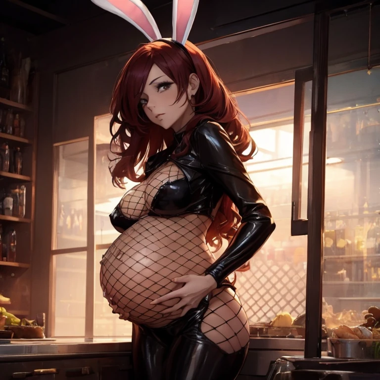 1woman, Pregnant goddess, mature, bunny girl, black bodysuit, fishnet leggings, fishnet top, wavy long red hair, bunny ears, hair over one eye