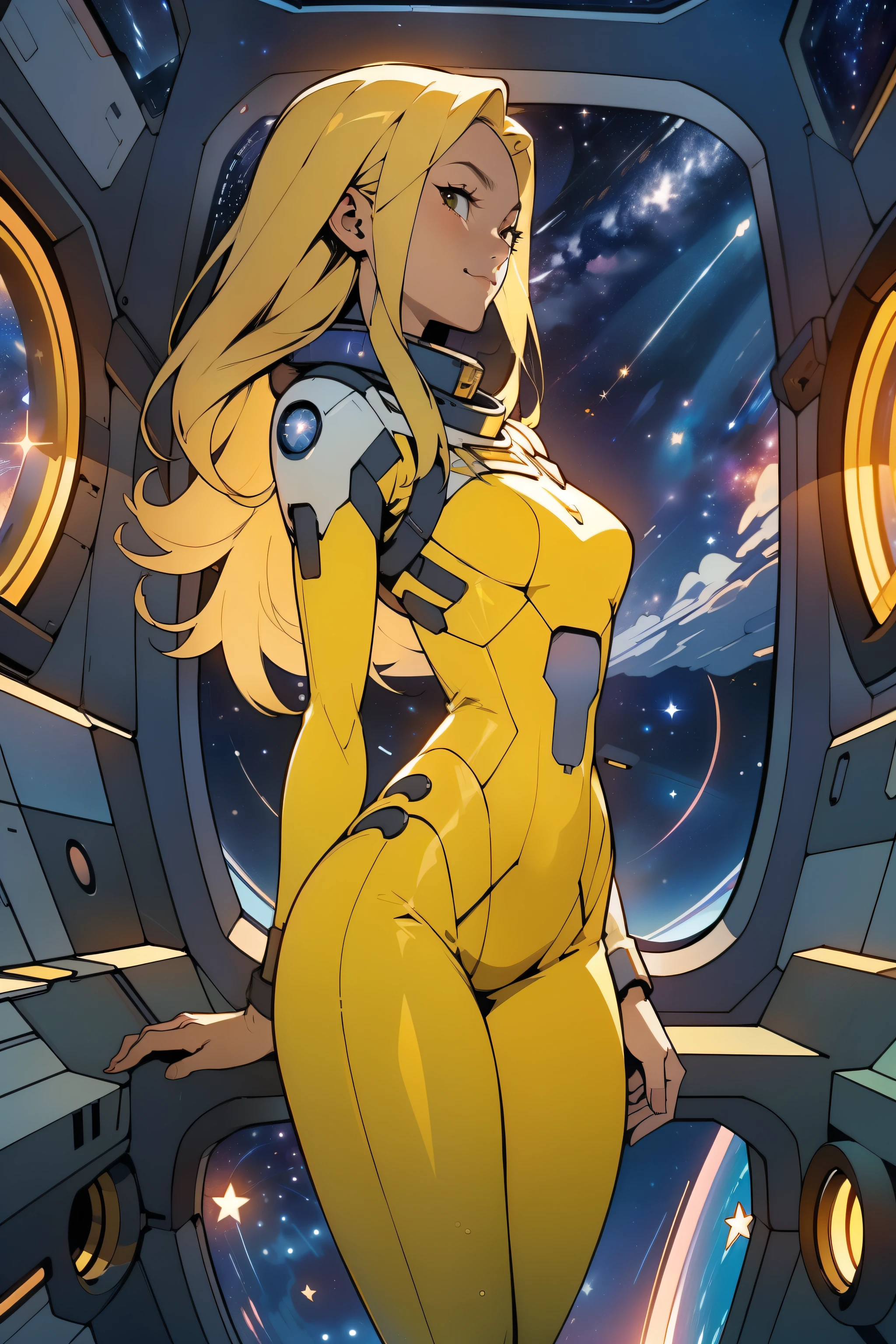 (masterpiece, best quality:1.2), (cowboy shot:1.1), solo, 1girl, mori yuki, slight smile, closed mouth, side view, looking at viewer, blonde hair, long hair, thigh gap, yellow bodysuit, skin-tight, perfect body, large window, (starship porthole:1.3), (spread legs:1.0), (standing:1.1), thigh gap, sensual pose, sideview, perfect hands, bright starship interior, (outer space view:1.1), (orbital view:1.3), (night, stary sky:1.5), milky way