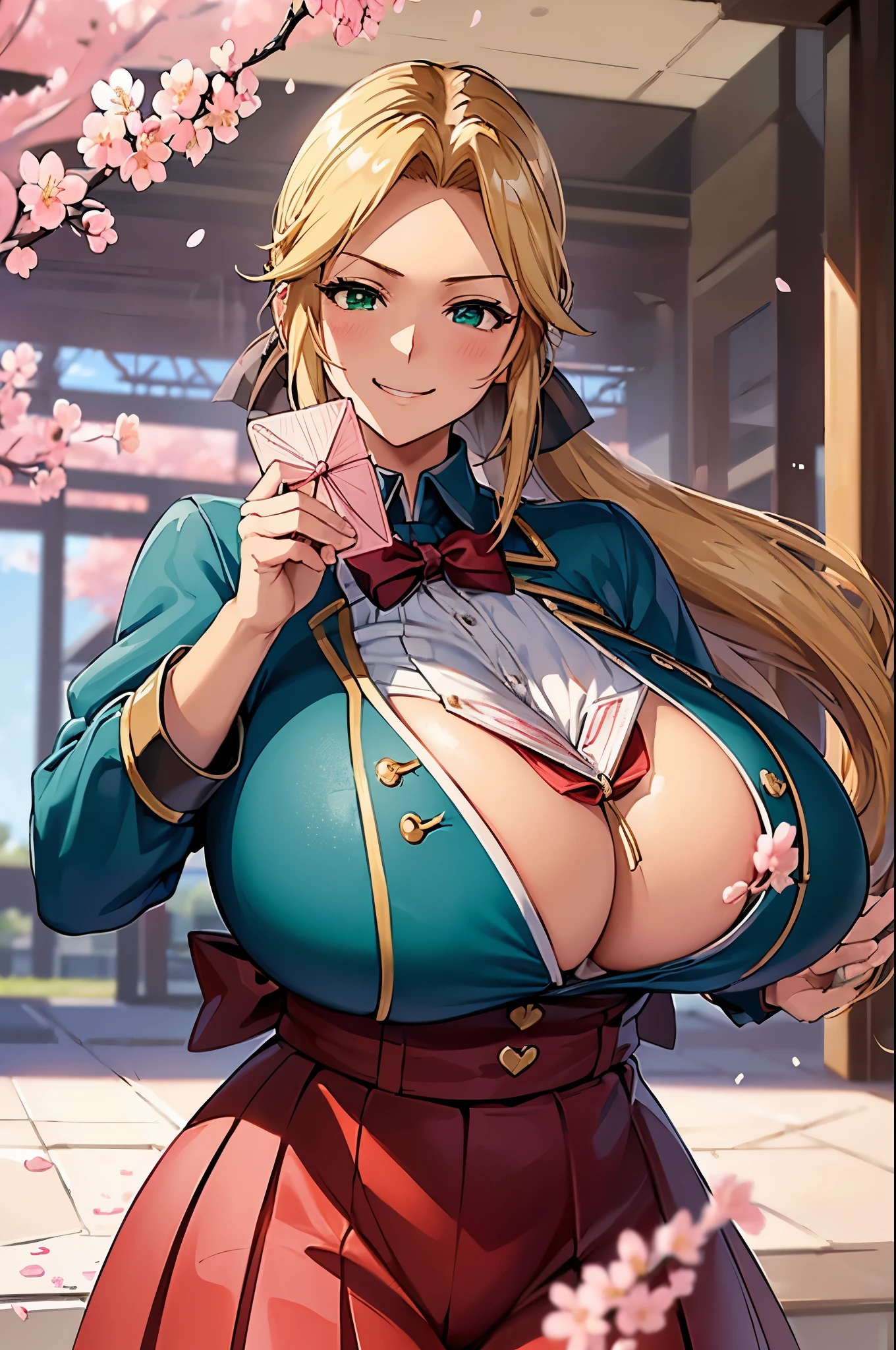 8Kんで(A sloppy smile, The face we're looking for, Mischievous face:1.9)8Kんで(handing over a love letter:1.9)((woman,Huge , (Huge breasts:1.8),Are fat,とても唇が赤いHuge breastsを強調,Big Ass,Narrow waist,Long legs,Green Eyes立っている)) 8k((((Anime Style),(The facial expression is good))))8k(((((Anime Style)Green Eyes)))) 8k((Standing at the station))8k((Waiting for a train at the station))8k((Morning))8k((Beauty))((学生blazer15歳学生服 緑のネクタイ, blazer, Pleated skirt))8k(((spring,cherry blossoms,The wind is blowing,Her skirt is flipped up,cherry blossomsが散っている:1.3))) 8K(Close-up of the face:1.5)8Kんで(handing over a love letter) 8Kんで((handing over a love letter))8Kんで(handing over a love letter)8Kんで(しっかりhanding over a love letter描写を)8k(womanの手の描写が上手い)