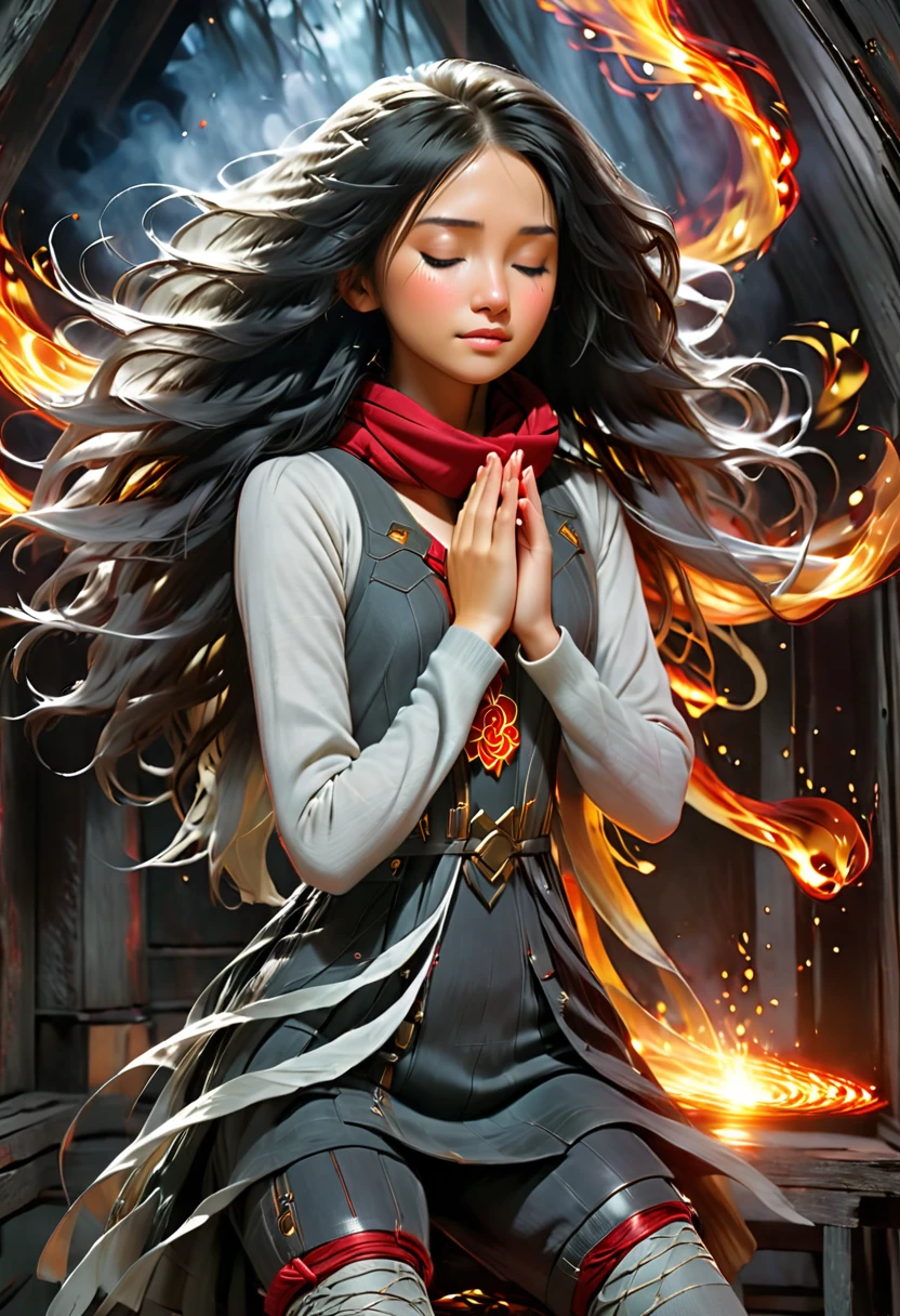 ((((Inside a  hive of Shining threads of wind and  fire)) Is a girl with white and black mixed straight hair)) teenage girl, eyes closed. Hands clasped in prayer, wearing a red scarf grey cardigan. Long blsck stockings and brown steel tip construction boots 