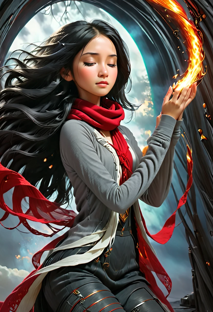 ((((Inside a  hive of Shining threads of wind and  fire)) Is a girl with white and black mixed straight hair)) teenage girl, eyes closed. Hands clasped in prayer, wearing a red scarf grey cardigan. Long blsck stockings and brown steel tip construction boots 