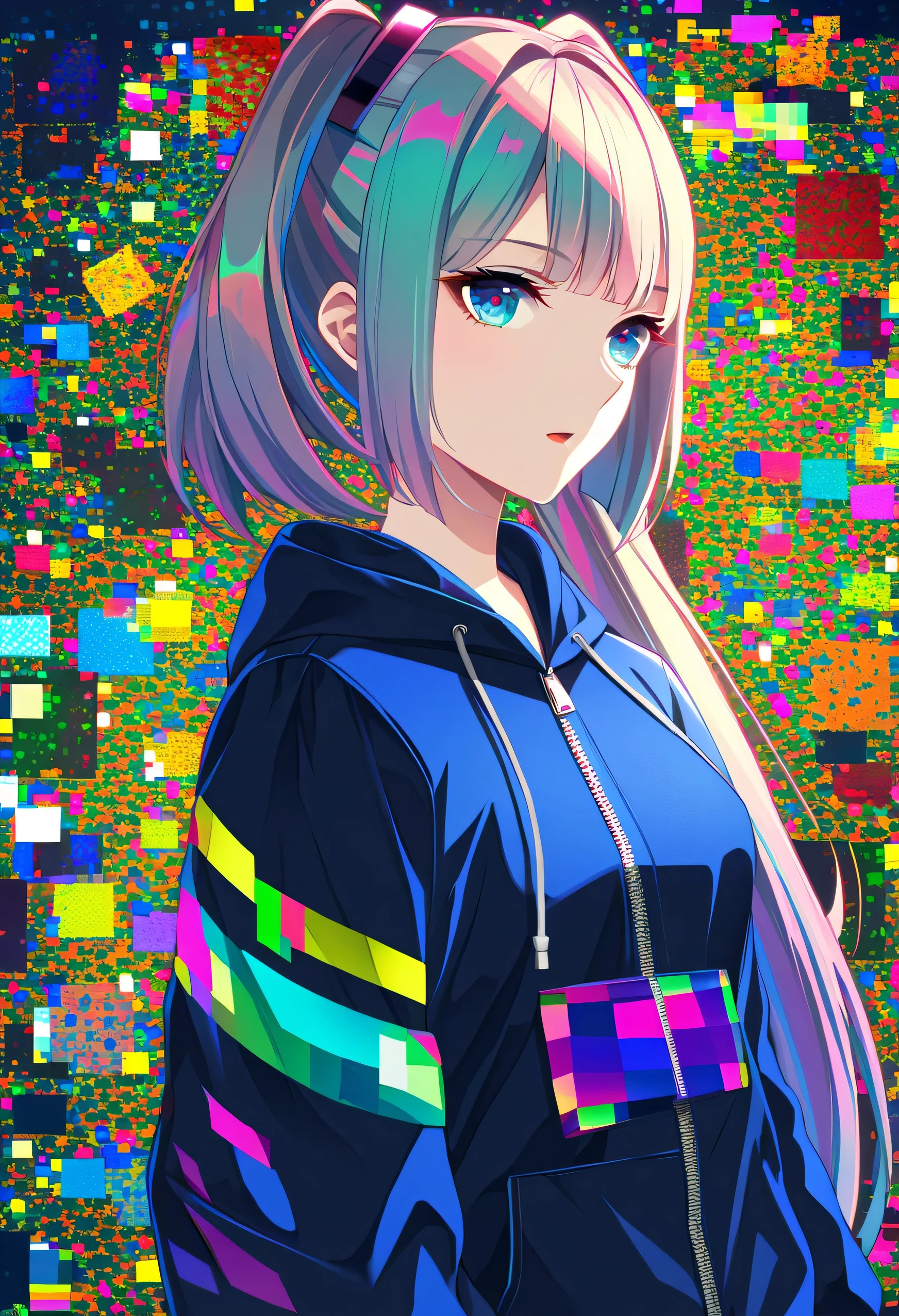 masterpiece, best quality, high quality, highres, absurdres, 1girl, glitch art, (digital distortion):1.2, pixelated fragments, data corruption, colorful noise, visual chaos, contemporary aesthetics, lily (vocaloid), anime style digital art, anime style work, anime digital art, ultra hd anime wallpaper, anime styled digital art