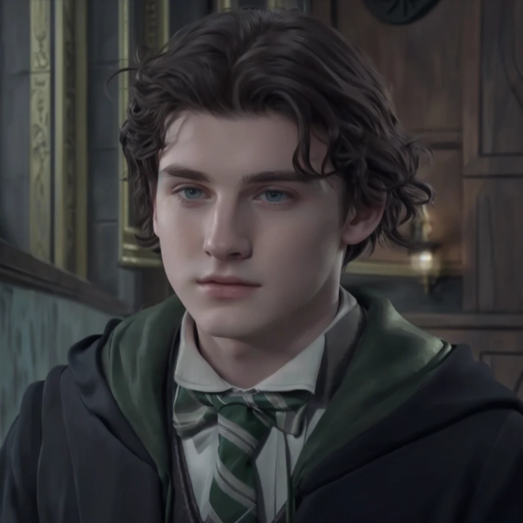 Sebastian Sallow, Hogwarts Legacy is a hott young man with a green tie and a green jacket, he has short curly brown hair, harry, he has dark grey hairs, similar to hagrid, with very highly detailed face, similar to malfoy, young half elf wizard, harry potter portrait, a male elf, accurate detailed face, green robes, male character, young a 17 year old