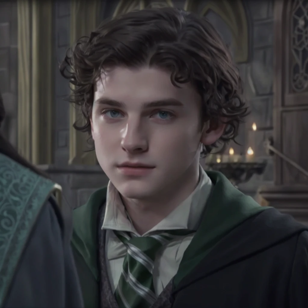 Sebastian Sallow, Hogwarts Legacy is a hott young man with a green tie and a green jacket, he has short curly brown hair, harry, he has dark grey hairs, similar to hagrid, with very highly detailed face, similar to malfoy, young half elf wizard, harry potter portrait, a male elf, accurate detailed face, green robes, male character, young a 17 year old