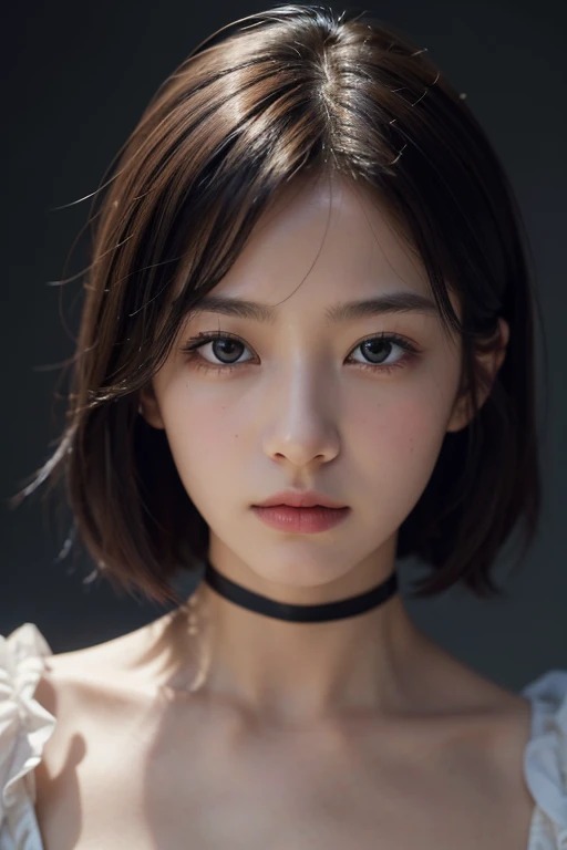 masterpiece, best quality, ultra detailed, masterpiece、Browsing Caution, super high quality、Crystal Clear、RAW UHD Format、Droopy eyes、High resolutionの光る目、highest quality, close, Realistic skin texture, photograph shoot, Detailed facial features, Film grain and high contrast, 非常にHigh resolutionの詳細, photograph, Realistic, Surreal, High resolution, masterpiece、17歳のウクライナ美少女photograph、Boyish and healthy girl、choker、short hair、Cowboy Shot
