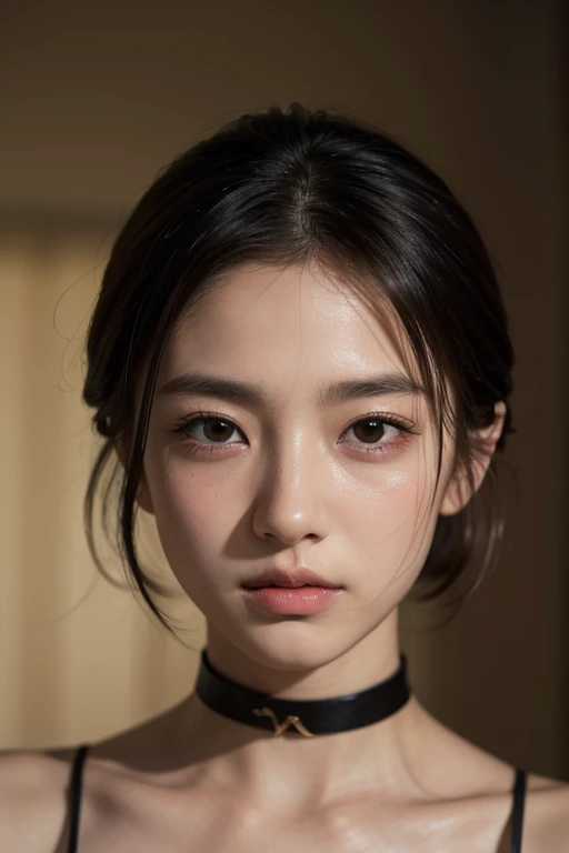 masterpiece, best quality, ultra detailed, masterpiece、Browsing Caution, super high quality、Crystal Clear、RAW UHD Format、Droopy eyes、High resolutionの光る目、highest quality, close, Realistic skin texture, photograph shoot, Detailed facial features, Film grain and high contrast, 非常にHigh resolutionの詳細, photograph, Realistic, Surreal, High resolution, masterpiece、17歳のウクライナ美少女photograph、Boyish and healthy girl、choker、short hair、Cowboy Shot