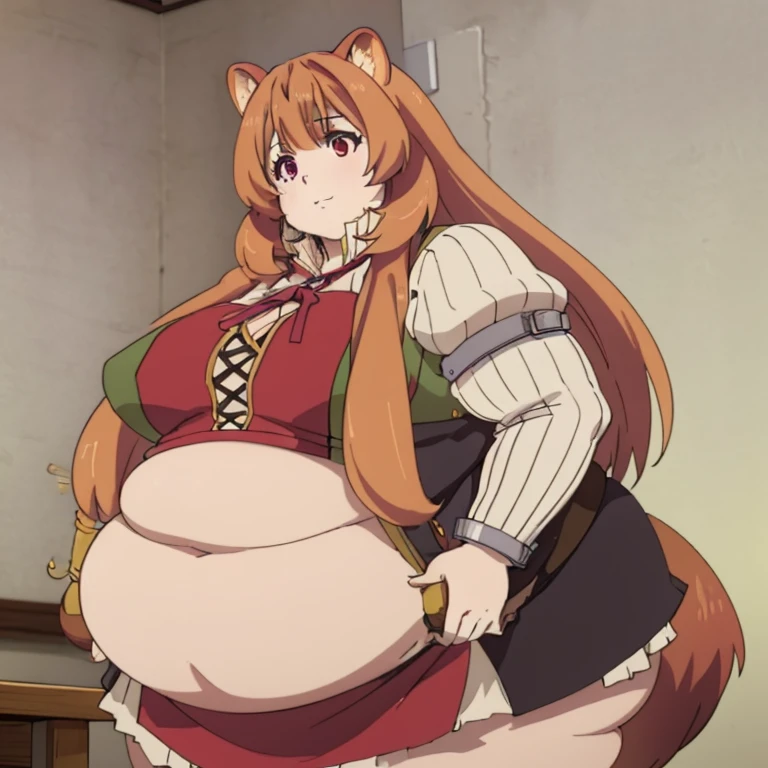 1girl, top heavy figure, (((incredibly big ?????))), ((saggy ?????)), plump, incredibly plump, ((big belly)), (((big ????))), wide, (((obese))), (((fat))), ((love handles)), double chin, out of shape, obese, fatty, shortstack, short woman, big bossom, ((milf)), small height, mature, standing, full body, bbw, ssbbw,  raphtalia, raccoon tail, raccoon ears, red eyes, long hair, brown hair, skirt