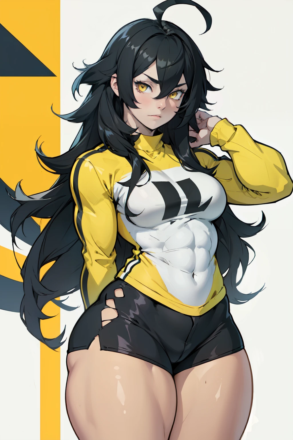 girl ((((muscular 1girl)))) ((((thick thighs toned body)))) (pale skin) black hair yellow eyes very long hair long sleeve tight t-shirt tight pants (ahoge straight hair)