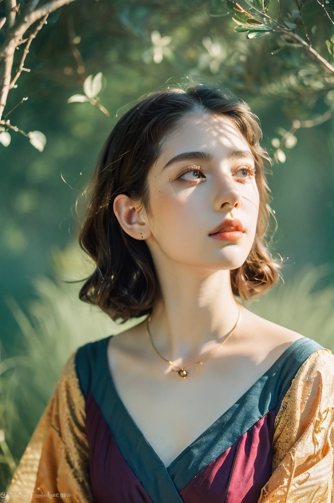 ( masterpiece, top quality, best quality,8k, girl,ultra detailed,raw photo:1.5),(photorealistic:1.4), (cinematic lighting), PerfectNwsjMajic, , Surrealism, UHD, ccurate, Super detail, textured skin, High detail, Best quality, dynamic angle, White skin,[Beautiful blue eyes], high nose,[flat chest:large breasts:0.5],(1girl),((good anatomy:0.5)), Dreamy atmosphere,expressive brush strokes, mystical ambiance, Artistic interpretation, Stunning Studio Ghibli style costumes, a whimsical illustration, Subtle colors and tones, mystical aura, jewelry, splendor 