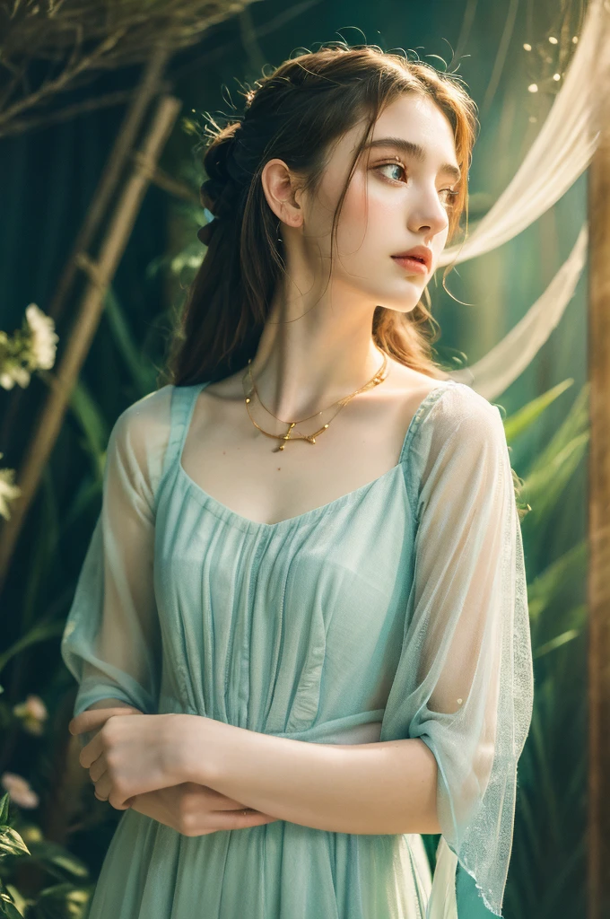 ( masterpiece, top quality, best quality,8k,17 years old girl,ultra detailed,raw photo:1.5),(photorealistic:1.4), (cinematic lighting), PerfectNwsjMajic, , Surrealism, UHD, ccurate, Super detail, textured skin, High detail, Best quality, dynamic angle, White skin,[Beautiful blue eyes], high nose,[flat chest:large breasts:0.5],(1girl),((good anatomy:0.5)), Dreamy atmosphere,expressive brush strokes, mystical ambiance, Artistic interpretation, Stunning Studio Ghibli style costumes, a whimsical illustration, Subtle colors and tones, mystical aura, jewelry, splendor 