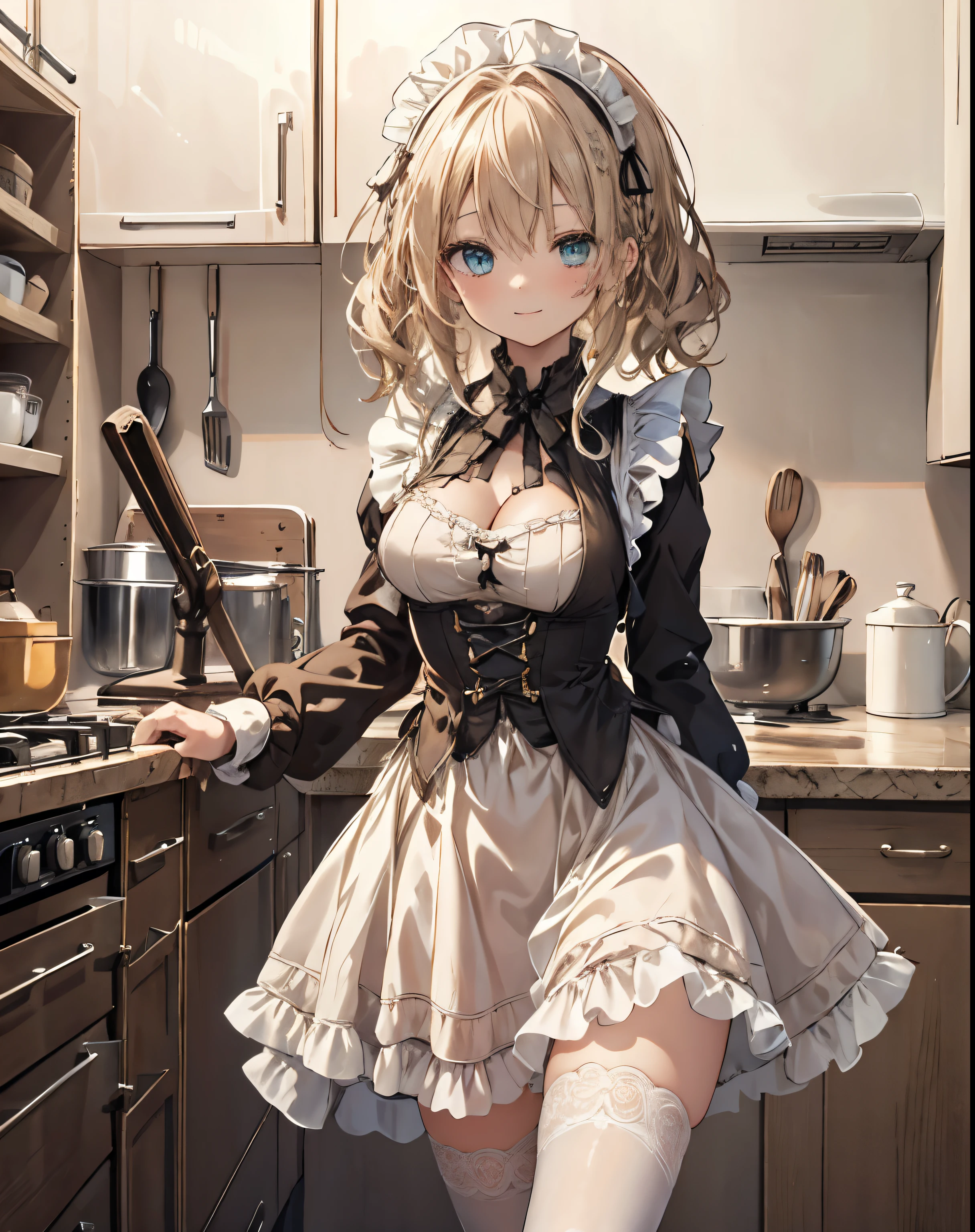 masterpiece, 1girl, sparrow, a blonde haired girl, wearing a brown medieval maid clothes, curly medium hair, messy hair, slim body, he close her left eye, shirt ornament, aqua eyes, sho show her back, ahoge, black vest, baby face, big breast, beautiful breasts, rounded breasts, braid hair, long sleeves, beautiful eyes, white stocking, droopy eyes, her age is 19 years old, kitchen, victorian dress, maid headband, smile