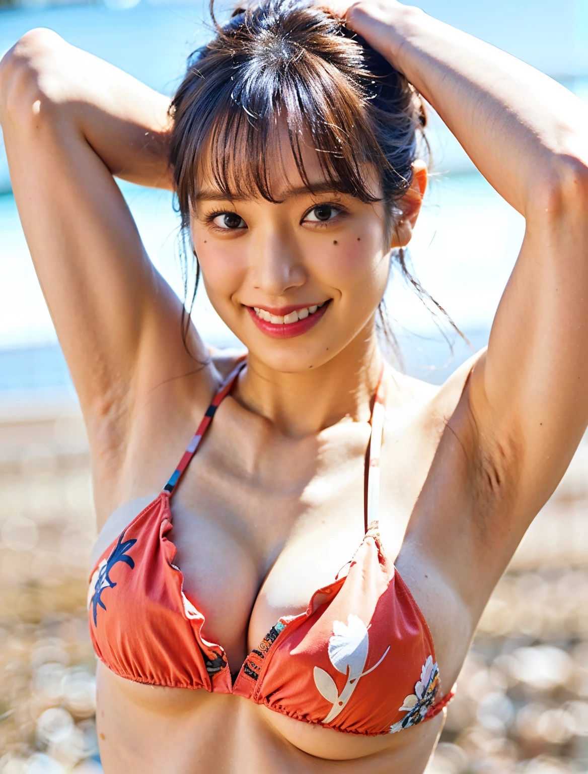 (Intricate details:1.2)、(highest quality:1.4)、 (Ultra-high resolution:1.2)、Ultra-high resolution、(Detailed eyes)、(Detailed facial features)、HDR、8k resolution、There is a woman in a bikini posing on the beach, Young Pretty Gravure Idol, Young Gravure Idol, 青島Chiho, Yasumoto Oka, Yoshitomo Nara, Young Sensual Gravure Idol, 阿嶋Chiho, Takemura Kimi, Chiho, Ogata Aoi, Ayami Kojima