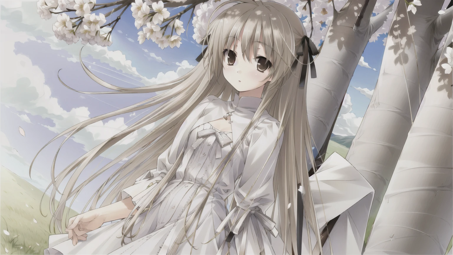 ((masterpiece:1.4, best quality)) ,Kasugano Sora,Cool girl,Brown eyes,Long and straight hair,outdoor,On the cherry blossom tree,Cherry Blossoms