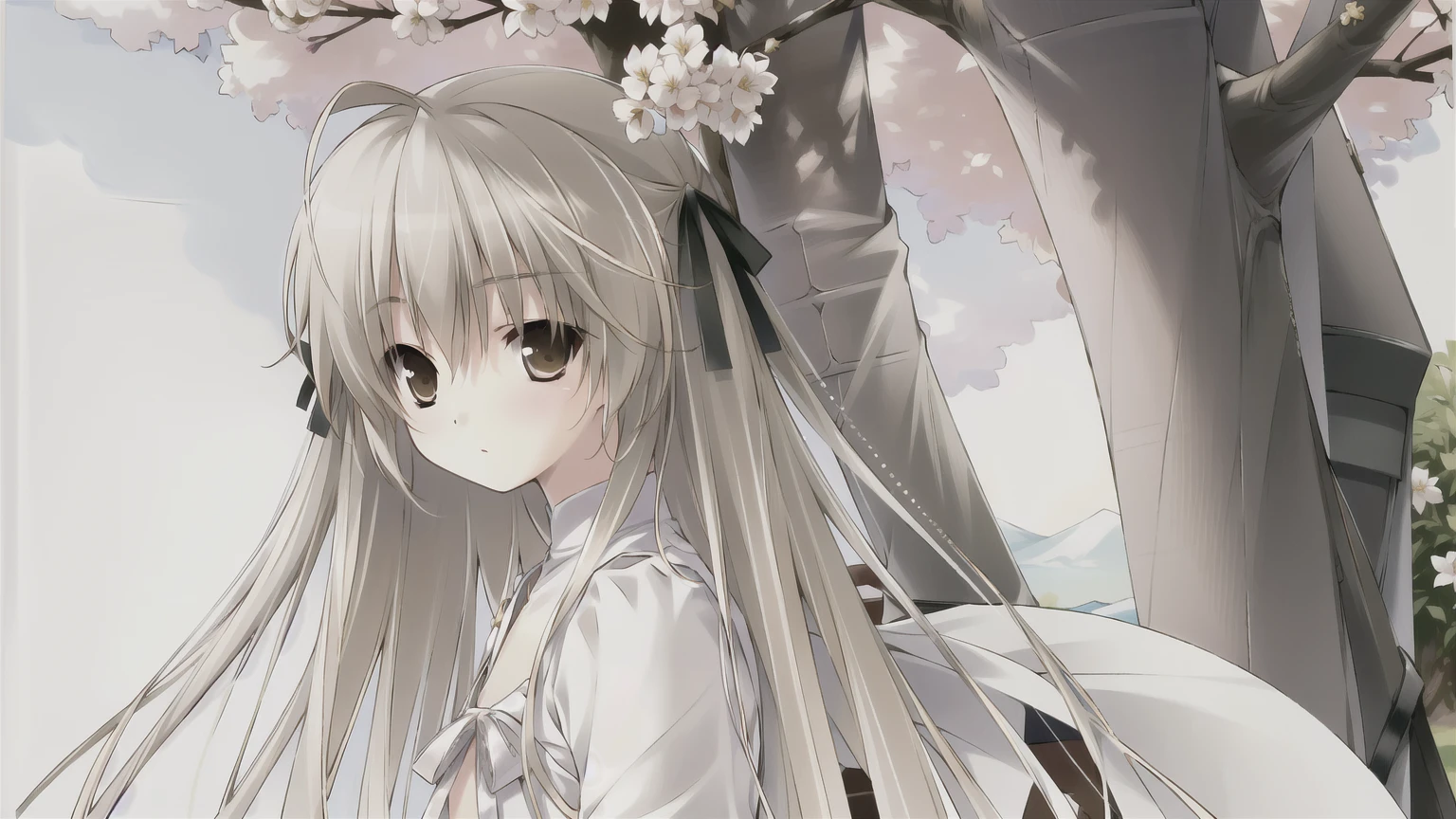 ((masterpiece:1.4, best quality)) ,Kasugano Sora,Cool girl,Brown eyes,Long and straight hair，outdoor，On the cherry blossom tree，Cherry Blossoms