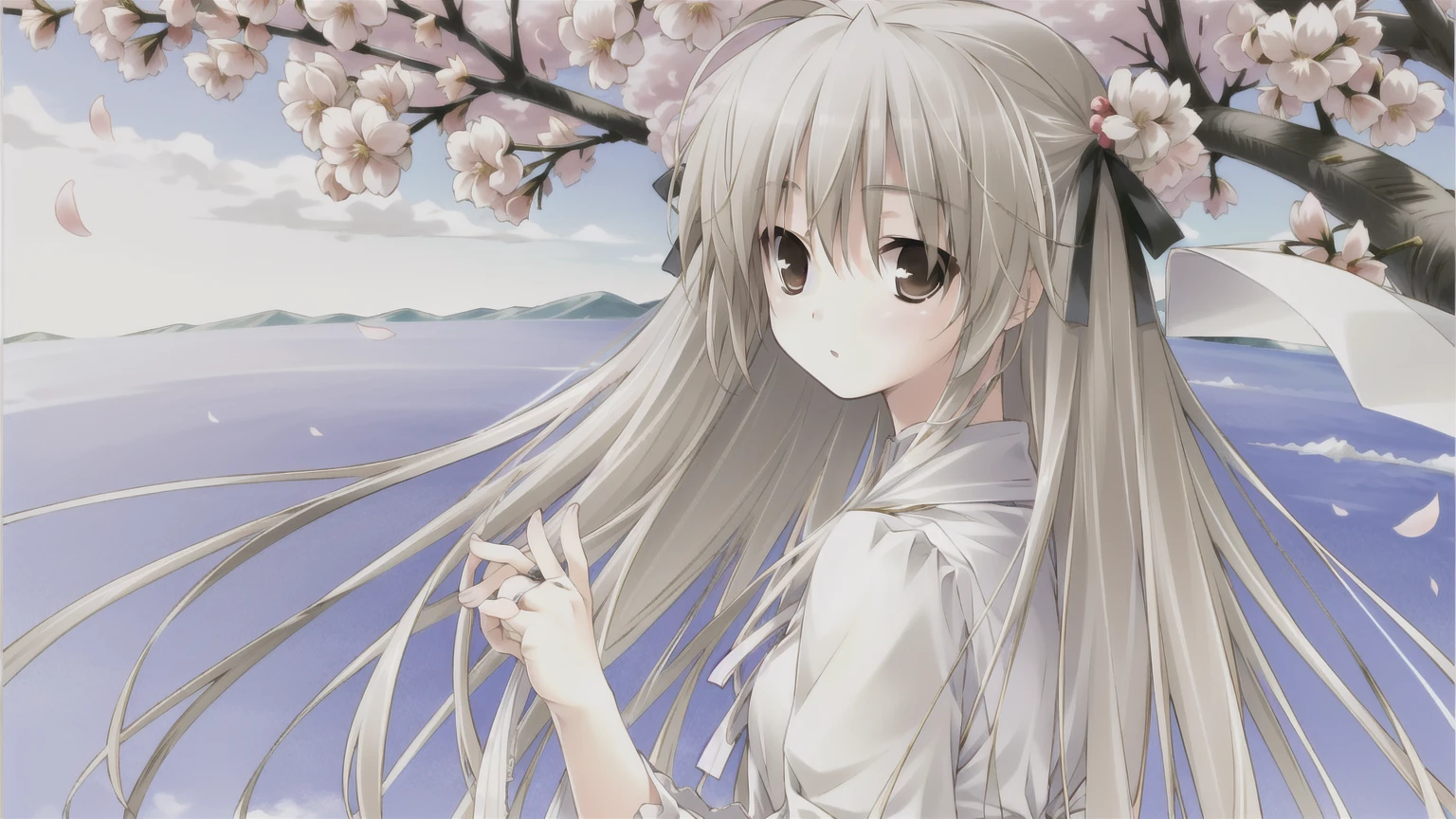 ((masterpiece:1.4, best quality)) ,Kasugano Sora,Cool girl,Brown eyes,Long and straight hair，outdoor，On the cherry blossom tree，Cherry Blossoms