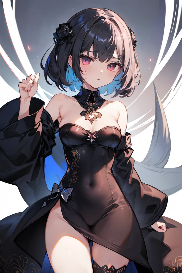 1girl, anime, cute girl, blank background, white background, fantasy, detailed fantasy dress with highlights, beautiful face, beautiful eyes, dark colors, black hair with multicolor streaks, red eye with different color pupil in eye, multicolor eye, medium breasts, slight cleavage, beautiful skin, cute, breast curtains, extremely delicate and beautiful, (beautiful detailed face:1.0), (detailed deep eyes), symmetrical breasts, deep eyes, shiny skin, portrait, slender waist, hips wider than shoulders, thighs, expressionless, young girl, luminous eyes, adorable，（Kpop idol）,（aegyo sal：1），（Platinum blonde hair：1），（（puffy eye）），Black panty，sexy posture，Superskirt, Ultra-high resolution，Black collar，slim figure, Abdominal y tattoo, womb tattoo，Tight-fitting leg ring，y tattoo on half-body，Bare skin, Armored hand，Hidden fingertips，Hand covered，Arm covered，Fist covered,{{beautiful detailed fingers}}, tufts of hair, moderate beautiful breast:1.0,(masterpiece:1.2), best quality, high-res, HDR, perfect face, intricate armor, delicate blue filigree, intricate filigree, red metalic parts, detailed part, dynamic pose, dynamic lights, cute face, neutral expression