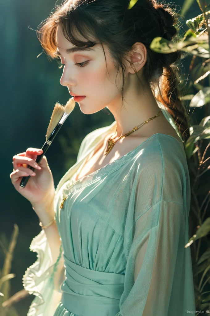 ( masterpiece, top quality, best quality,8k, girl,ultra detailed,raw photo:1.5),(photorealistic:1.4), (cinematic lighting), PerfectNwsjMajic, , Surrealism, UHD, ccurate, Super detail, textured skin, High detail, Best quality, dynamic angle, White skin,[Beautiful blue eyes], high nose,[flat chest:large breasts:0.5],(1girl),((good anatomy:0.5)), Dreamy atmosphere,expressive brush strokes, mystical ambiance, Artistic interpretation, Stunning Studio Ghibli style costumes, a whimsical illustration, Subtle colors and tones, mystical aura, jewelry, splendor 