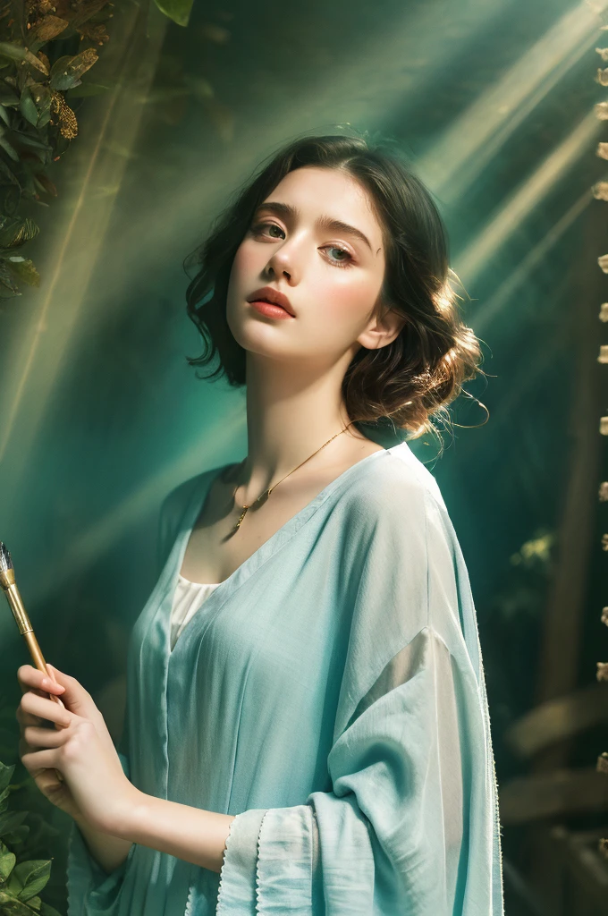 ( masterpiece, top quality, best quality,8k,17 years old girl,ultra detailed,raw photo:1.5),(photorealistic:1.4), (cinematic lighting), PerfectNwsjMajic, , Surrealism, UHD, ccurate, Super detail, textured skin, High detail, Best quality, dynamic angle, White skin,[Beautiful blue eyes], high nose,[flat chest:large breasts:0.5],(1girl),((good anatomy:0.5)), Dreamy atmosphere,expressive brush strokes, mystical ambiance, Artistic interpretation, Stunning Studio Ghibli style costumes, a whimsical illustration, Subtle colors and tones, mystical aura, jewelry, splendor 