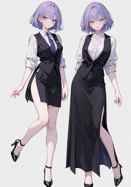 ((Perfect Face)),Purple Hair,High Layer Cut,Adult female,bartender,suit,Black vest,((Shirt with rolled up sleeves)),tie,skirt,slit,High heels,,((Simple Background)),smile,((Full Body)),((full body)),Portraits,virtual,upright,,Both arms are down,upright,