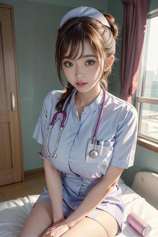 Tabletop、whole body、High resolution、nurse、(nurse uniform、Stethoscope)、mini skirt、28-year-old woman、Huge breasts、Looking at the camera、Finish as shown in the picture、Her skin is white and beautiful、brunette hair tied back、Laughter、The background is a hospital room、
