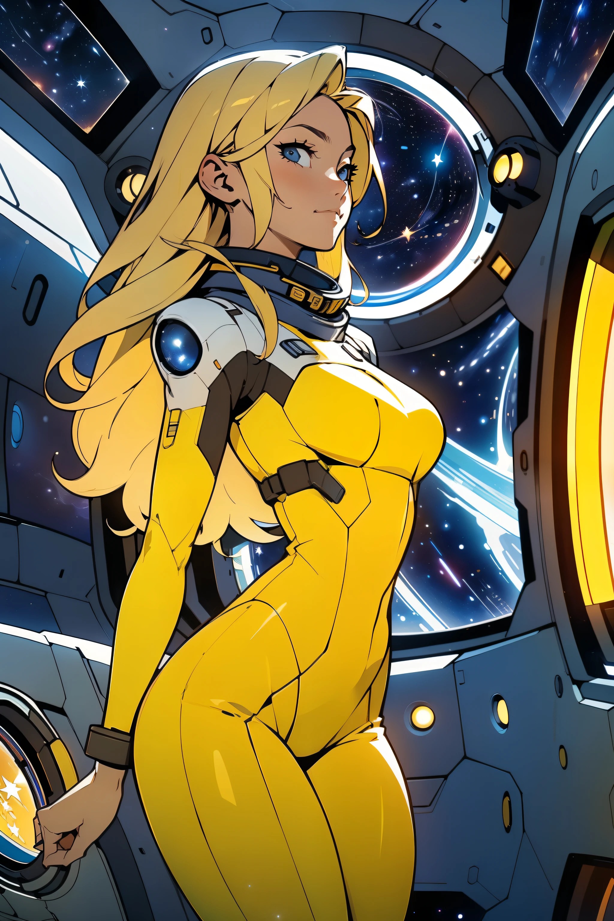(masterpiece, best quality:1.2), (cowboy shot:1.1), solo, 1girl, mori yuki, slight smile, closed mouth, side view, looking at viewer, blonde hair, long hair, thigh gap, yellow bodysuit, skin-tight, perfect body, large window, (starship porthole:1.3), (spread legs:1.0), (standing:1.1), thigh gap, sensual pose, sideview, perfect hands, bright starship interior, (outer space view:1.1), (orbital view:1.3), (night, stary sky:1.5), milky way