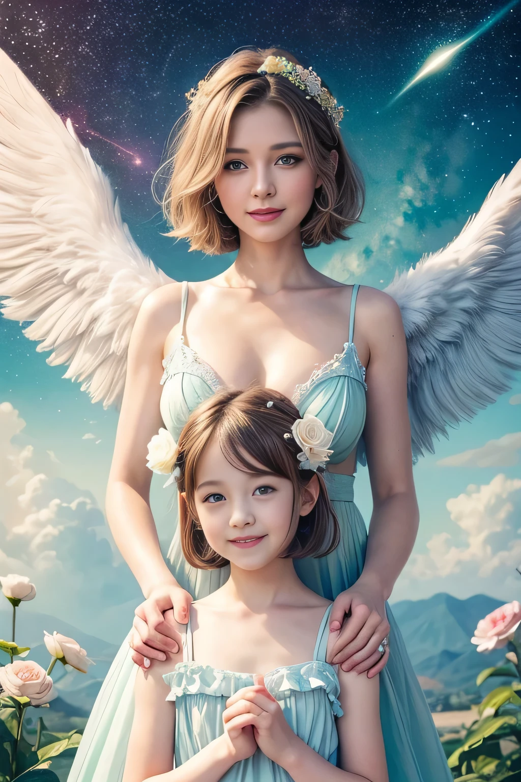 top quality, pastel painting, gentle atmosphere, twin girl angel, cute, Big breast, white wings, smiling happily, brown short hair of different colors, one with blue eyes, one with green eyes, dresses of different colors, flower hair ornament, upper body, looking at the viewer, space, meteor, light,