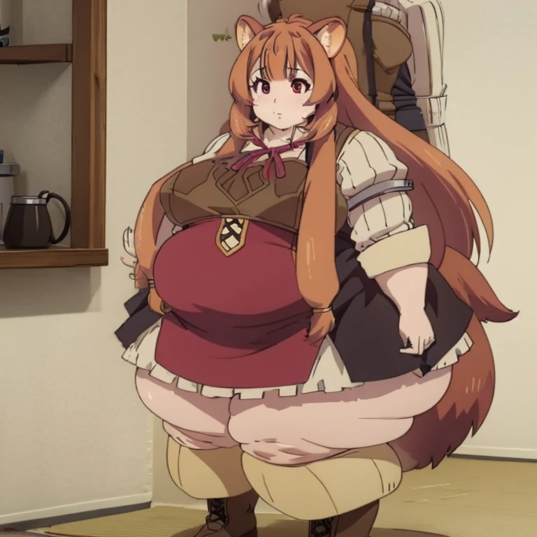 1girl, top heavy figure, (((incredibly big chest))), ((saggy chest)), plump, incredibly plump, ((big belly)), (((big tits))), wide, (((obese))), (((fat))), ((love handles)), double chin, out of shape, obese, fatty, shortstack, short woman, big bossom, ((milf)), small height, mature, standing, full body, bbw, ssbbw, raphtalia, raccoon tail, raccoon ears, red eyes, long hair, brown hair, skirt, brown shoes