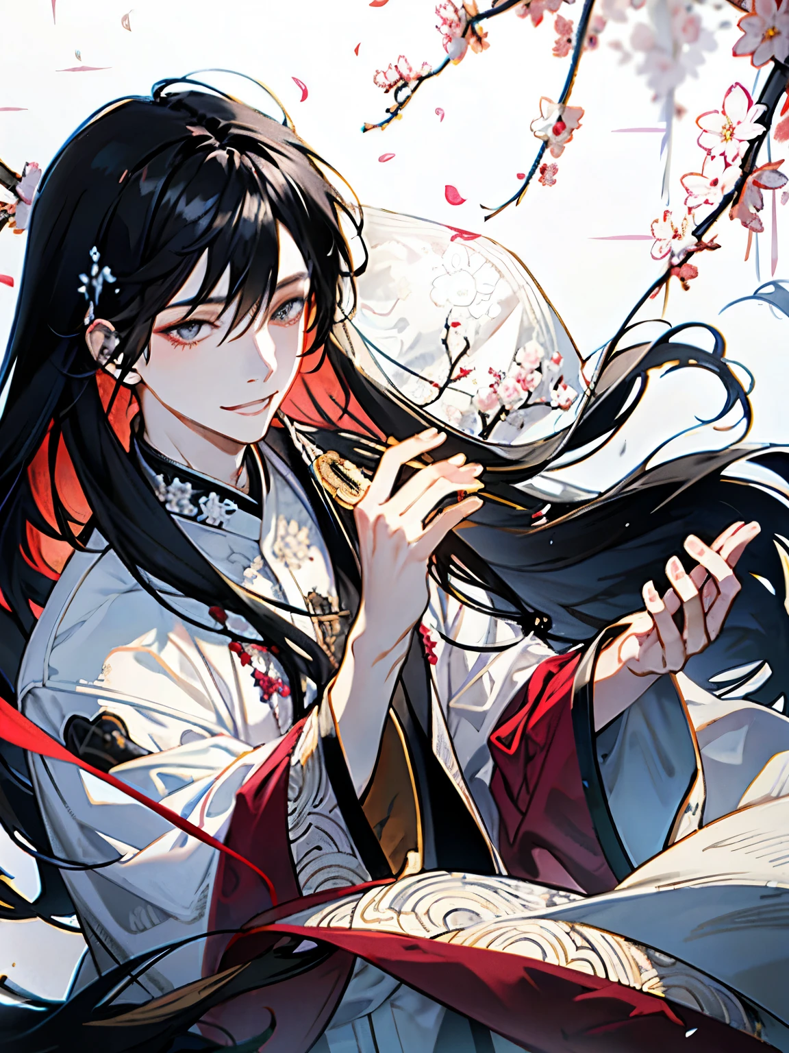 temple,White wedding kimono,Adult male,(Black Hair:1.3),(long hair:1.2),Fantasy art,The background is bright and dazzling,smile,wedding,(Reaching out here:1.25),Close-up of face