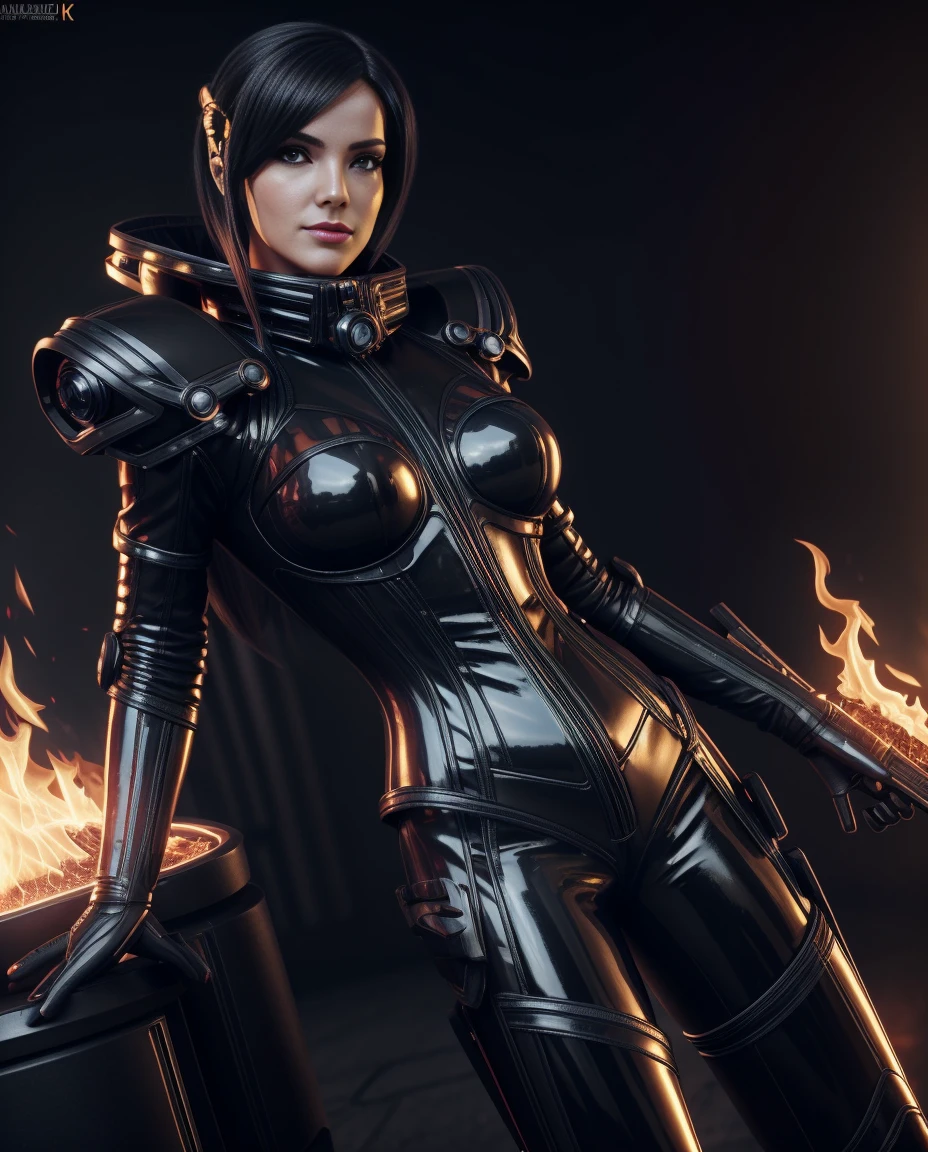 a woman in a black latex outfit with a glowing fire, 3 d render character art 8 k, fantasy style 8 k octane render, cyberpunk art ultrarealistic 8k, dreamy cyberpunk girl, portrait beautiful sci - fi girl, connected with glowing tubes 8 k, art nouveau octane render, artgerm julie bell beeple, trending on artstation 4k
