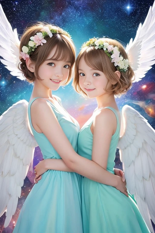 top quality, pastel painting, gentle atmosphere, twin girl angel, cute, Big , white wings, smiling happily, brown short hair of different colors, one with blue eyes, one with green eyes, dresses of different colors, flower hair ornament, upper body, looking at the viewer, space, meteor, light,