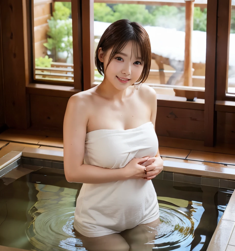 highest quality、8k、Ultra-high resolution、Clear photos、Professional Lighting、pretty girl、、Round face、Round eyes、Very short hair、smile、Big Breasts、Very slim、Tight waist、Hot Springs Inn、Standing in an indoor hot spring、Wrap a bath towel around your body、Lots of steam、Warm Light