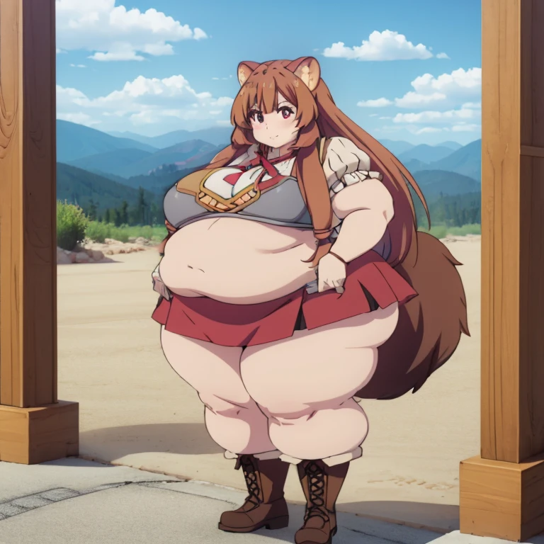 1girl, top heavy figure, (((incredibly big chest))), ((saggy chest)), plump, incredibly plump, ((big belly)), (((big tits))), wide, (((obese))), (((fat))), ((love handles)), double chin, out of shape, obese, fatty, shortstack, short woman, big bossom, ((milf)), small height, mature, standing, full body, bbw, ssbbw, raphtalia, raccoon tail, raccoon ears, red eyes, long hair, brown hair, skirt, brown shoes